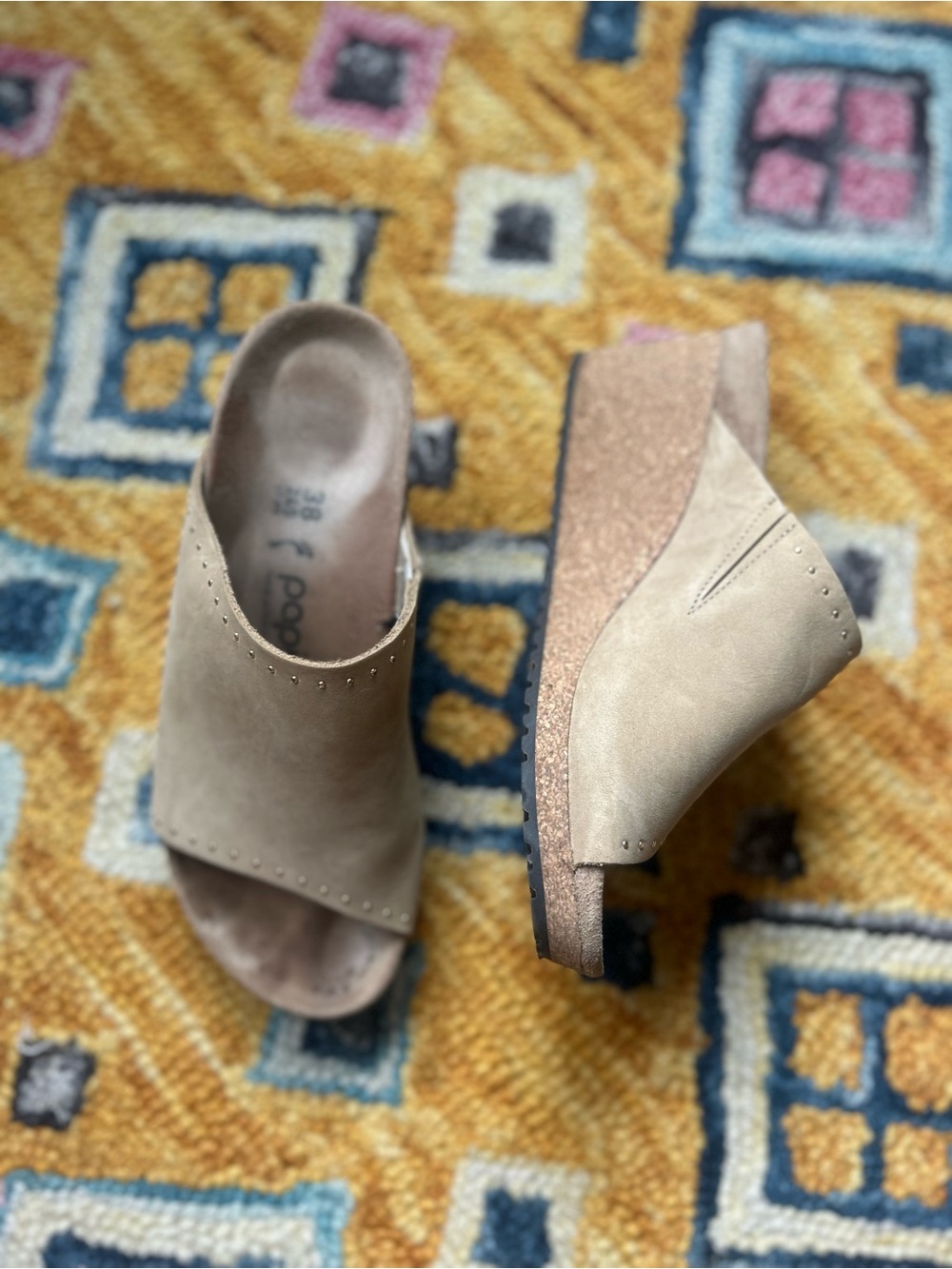 Suede Open-Toe Wedge Mules in Taupe